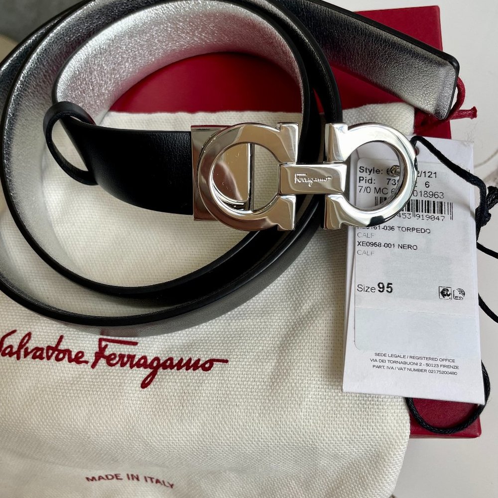 FERRAGAMO Women Reversible Leather Gancini Belt Size 95 (Black/Silver) RP $475.0